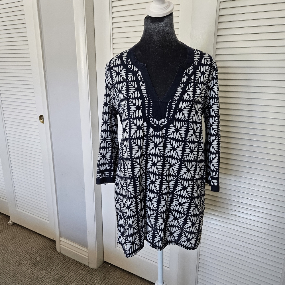 J Crew Navy Blue White Cotton V Neck Tunic 3/4 Sleeve Nautical Blouse Size S